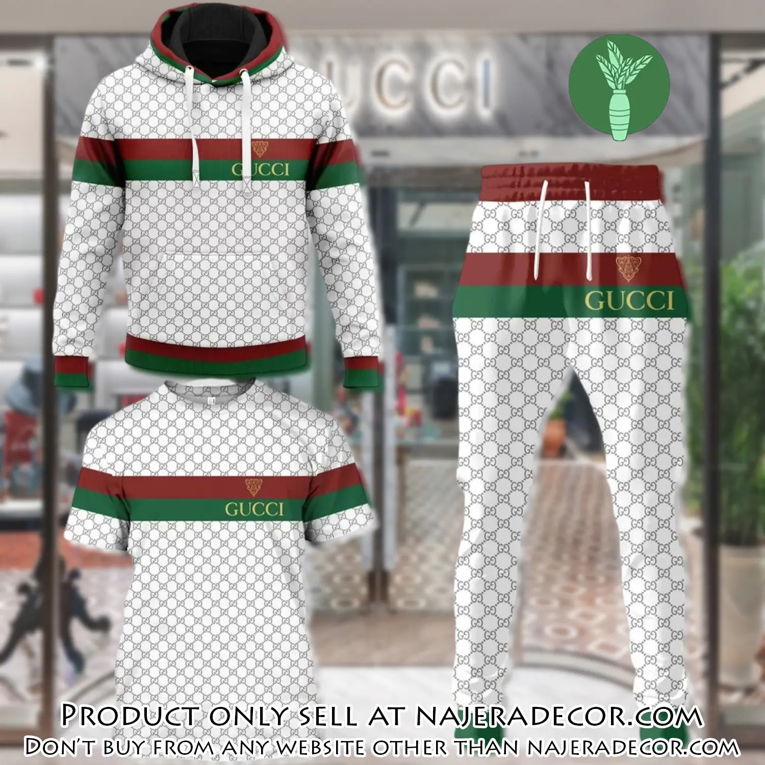 Gucci red green pattern white unisex tshirt hoodie long pants set luxury brand clothing special gift outfit for men women njr2635772